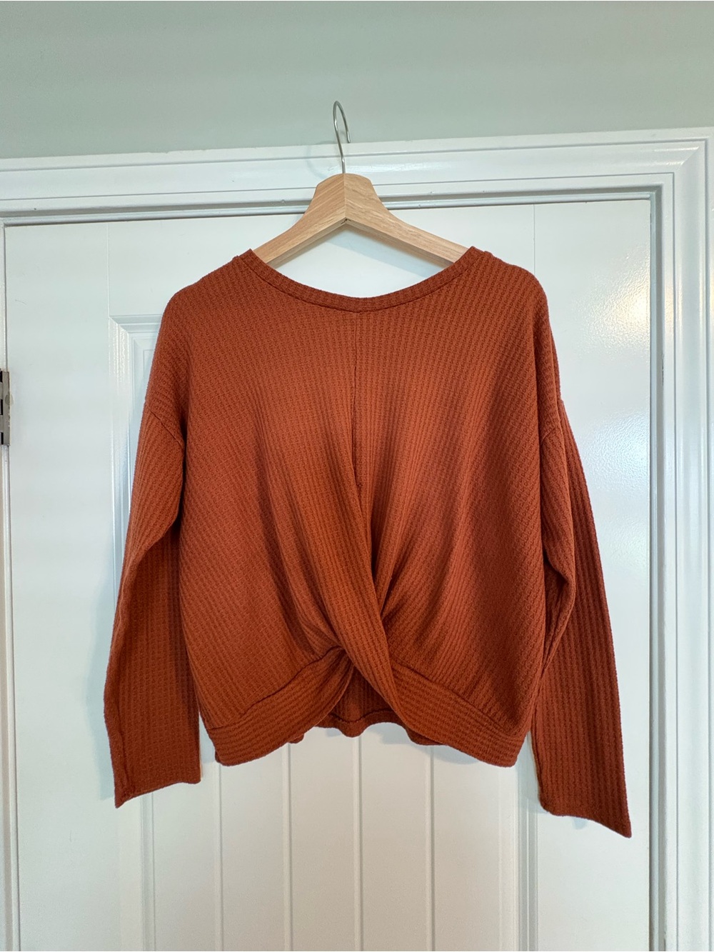 Paper Crane Waffle Pullover Sweater With Front Twist In Burnt Orange